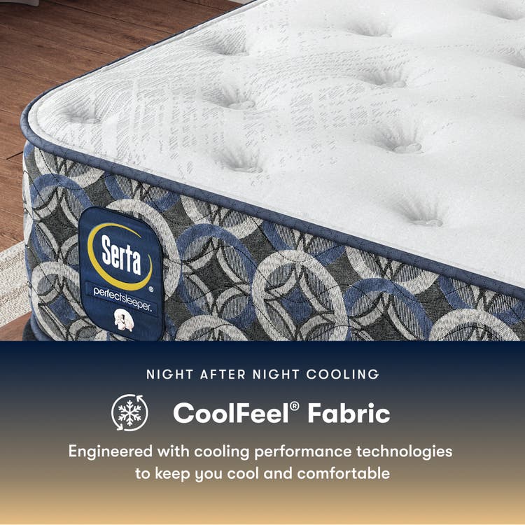 Serta Perfect Sleeper plush mattress with CoolFeel fabric label on a wooden floor.