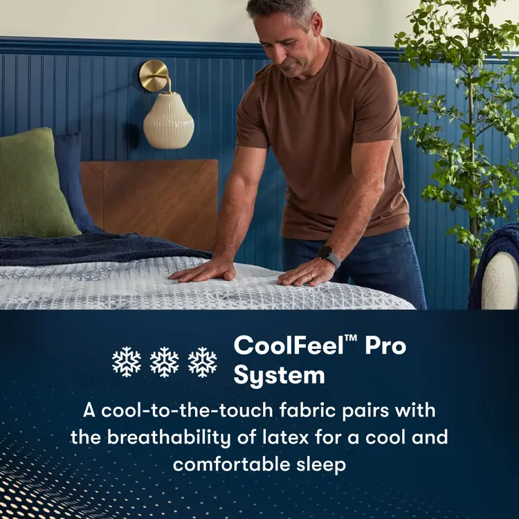 Man standing at the right of an iComfortPro Kingston Firm Mattress feeling the comfort || feel: firm || level: Level 3