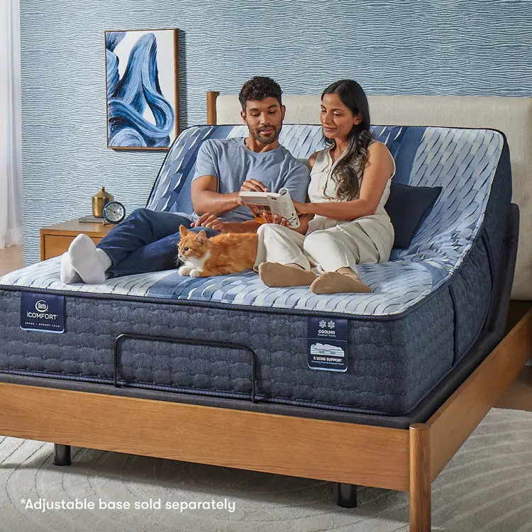 Woman and man sitting on a Serta iComfort mattress with a cat by their feet in between them reading a crossword puzzle || feel: firm || level: Standard - 11.5"