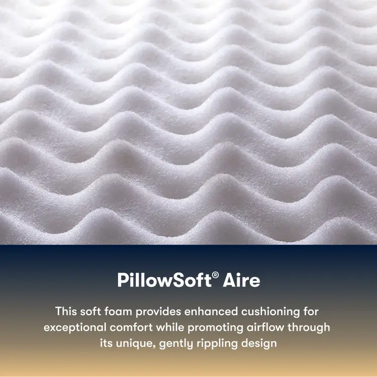 Close-up of PillowSoft Aire foam with text describing its features used in the Serta Perfect Sleeper plush mattress.