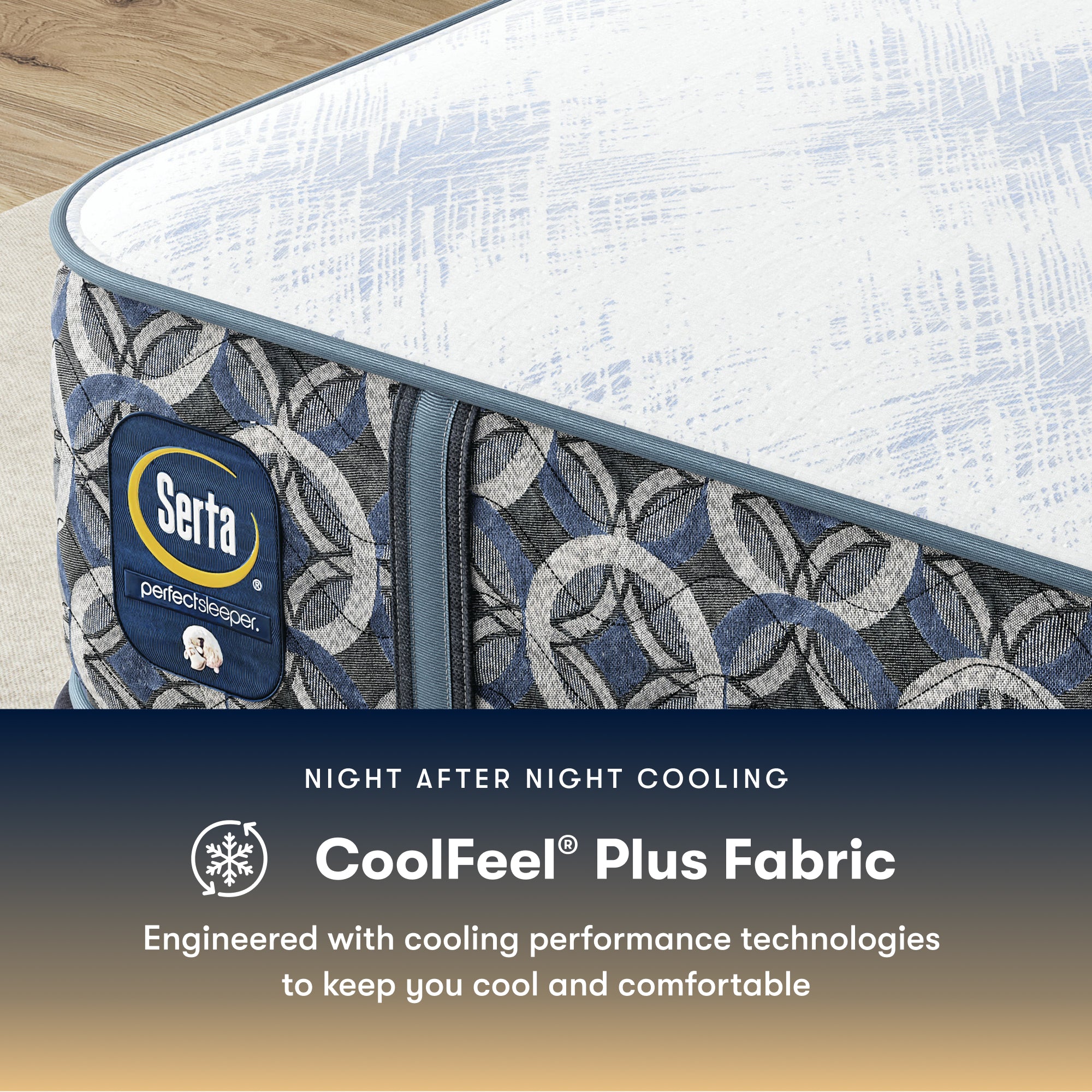 Serta perfect sleeper hybrid medium mattress with CoolFeel Plus Fabric feature on a wooden floor.