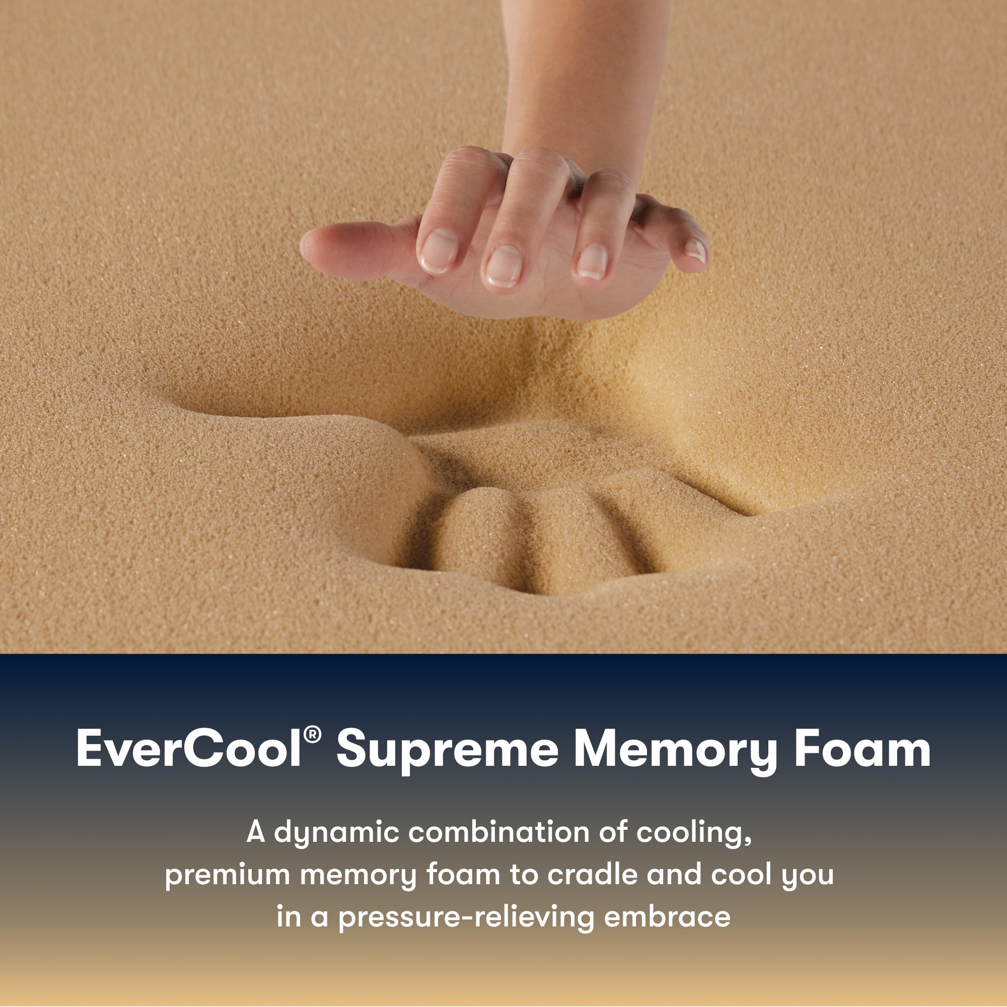 Hand pressing into a Serta perfect sleeper hybrid medium mattress with 'EverCool Supreme Memory Foam'